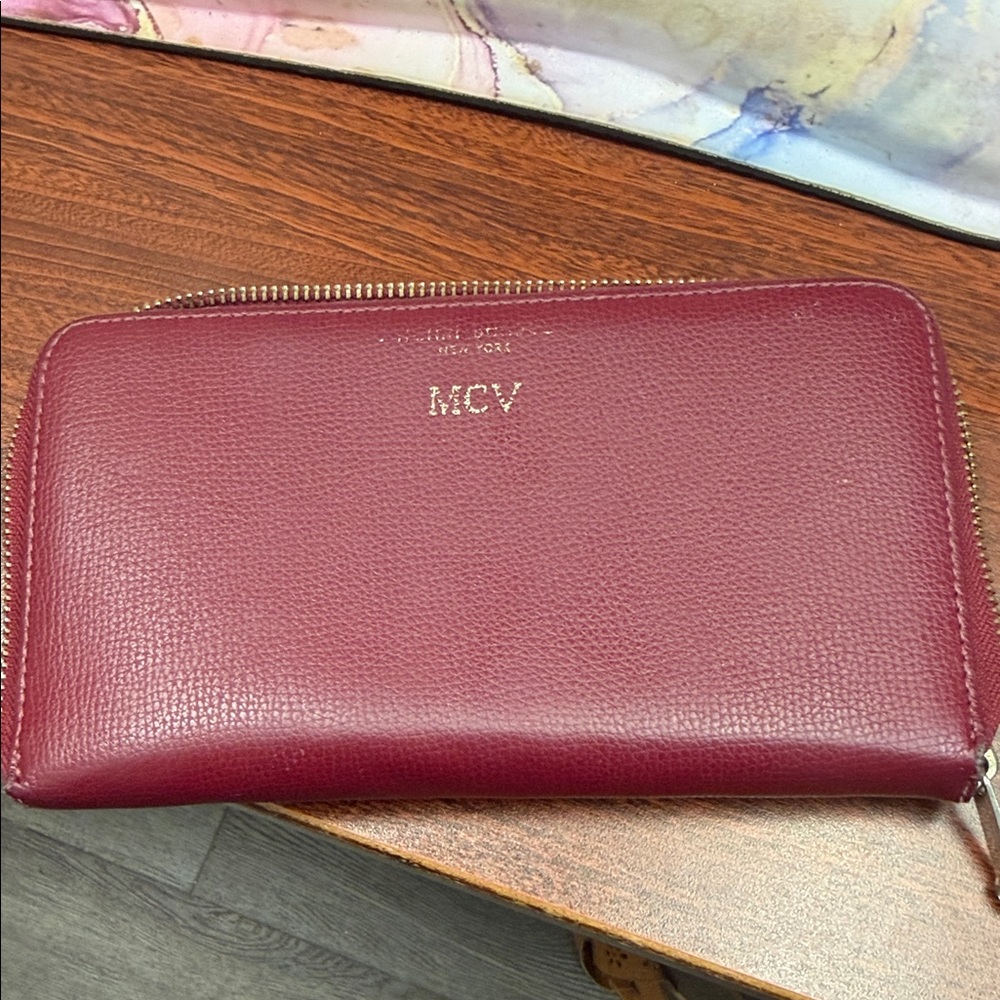 henri bendel Burgundy Pebble Leather Zip Wallet